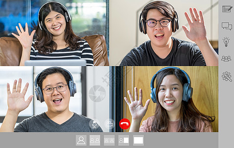 亚洲商业界人士与团队同事在六区打招呼曲线耳机笔记本流行病学传染病社交男性视频隔离研讨会图片