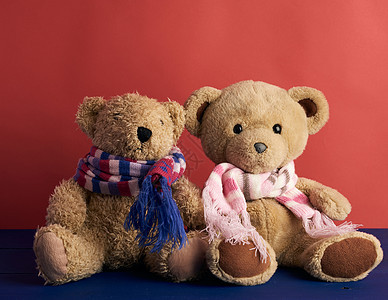 两只戴围巾的泰迪熊 坐在红色背景上图片