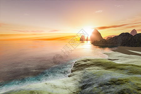美丽的幻想风景日落场景岩石渲染紫色旅行环境天空反思峡湾蓝色镜子图片