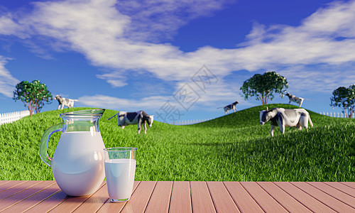 在反射板上用清澈的玻璃和奶罐装满新鲜牛奶草地水壶食物农场锯齿草原早餐饮料杯子瓶子图片