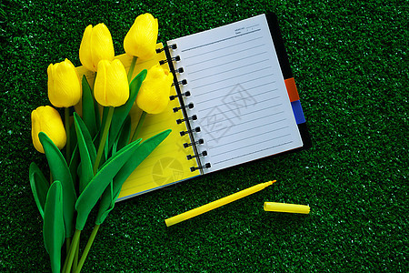 空白笔记本 上面有人造黄黄色郁金香和绿色草上的笔图片