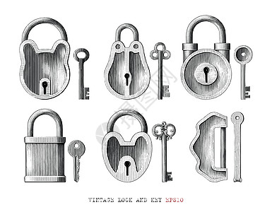 复古锁和钥匙收藏手绘雕刻风格 blac图片