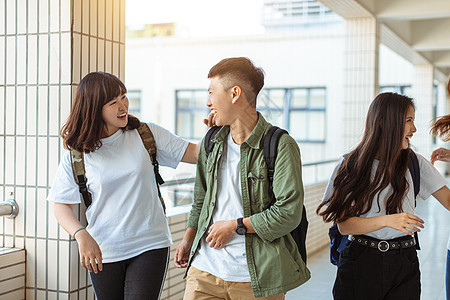 一群在大学沿走廊走来走去的快乐学生团体同学学院友谊女孩女士乐趣学习学校团队图片