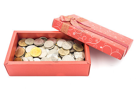 白底带硬币的开放礼品盒库存生日财富基金展示丝带庆典盒子订金奢华图片