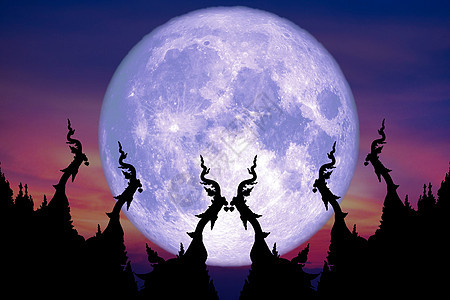 蓝色月亮回到佛庙苏的屋顶上 在周光下背景图片