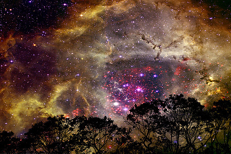 金色模糊的星系星云在夜云中闪烁森林植物行星爬坡宇宙科学反射小说天空地球图片