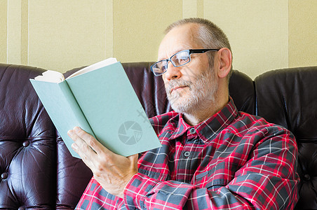 年长者阅读书本沙发衬衫白色胡须红色教育男人眼镜黄色自然光图片