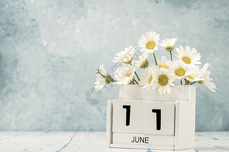 白立方体日历 用于装饰花朵的June黄色立方体数字桌子花束季节日程议程白色规划师图片