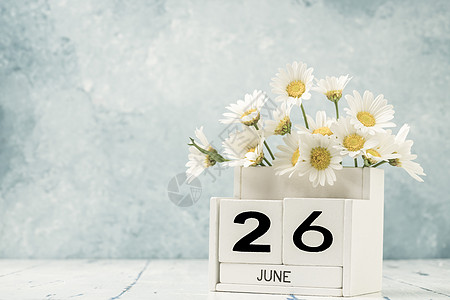 白立方体日历 用于装饰花朵的June数字桌子立方体季节日程花束白色时间木头雏菊图片