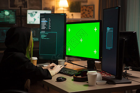 女性黑客在电脑前穿着连帽帽的黑客数据攻击恶意屏幕团体隐私软件技术女孩绿色图片