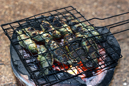 烤鱼 泰式食品风格 烹饪格列登山的海绵鱼 在格拉特岛上吃着木炭炉子上的鱼旅行木头闲暇食物营火熏制鱼片鳟鱼食谱栖息图片