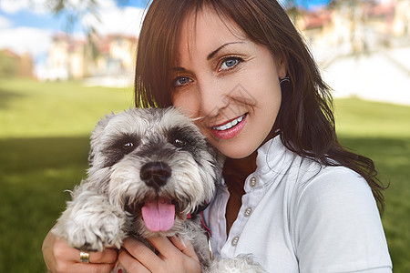 爱动物的概念 最好的朋友 狗种Schnauter 笑声 Schnauzer是养狗的料理女士朋友乐趣快乐女性房子小狗幸福拥抱友谊图片