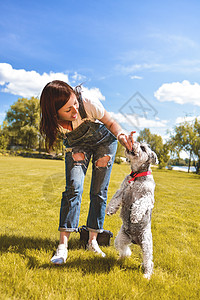 白种女人在公园里训练并喂养她深爱的Schnauser狗 爱动物的概念女孩友谊女士乐趣快乐宠物女性闲暇朋友火车图片