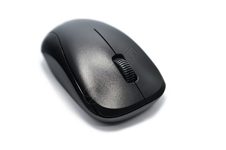 在白色背景上孤立的黑无线计算机鼠标顶视图 技术概念按钮控制老鼠硬件滚动车轮商业工具灰色通讯图片