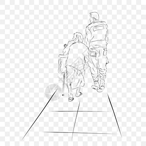 简单的概念向量说明安全或警察帮助老妇在透明效果背景下走进她的目的地大堂天篷艺术草图女士走廊指导头发摊位绅士图片
