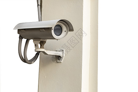 隔墙的闭路电视摄像头被白色背景隔离危险手表监视器技术控制记录警报电路相机建筑图片