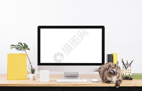 Mockup 空白屏幕台式计算机和装饰图片