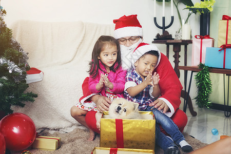圣诞老人在圣诞节期间给女孩和男孩送礼物裙子头发帽子女性女士喜悦假日幸福季节假期图片
