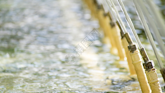 背光中大型喷泉的许多水流 多色散景 水和夏天的概念 特写镜头图片