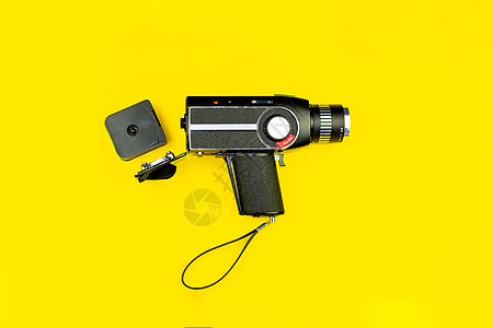 8m 黄色背景的摄像头 Retro 电影胶卷隔膜镜片创造力黑板视频毫米金属生产古董技术图片