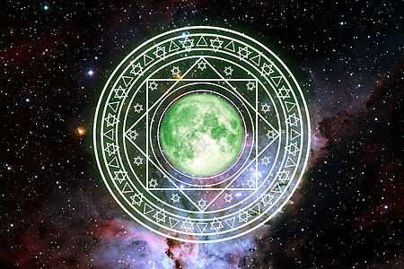 粒子空间旋转魔法六星中的粉红色月亮绿色能量旋转缓慢出现加仑背景