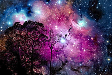 夜云日落时的模糊星云星系 月光彩罩天空小说植物爬坡科学星星地球星云森林日落图片
