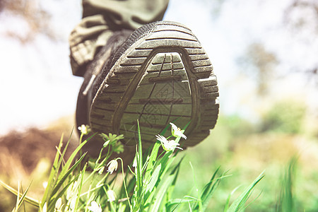 男人的鞋子在绿色草地上踩花 人们破坏自然死亡花朵灾难公园地球植物生态干旱保护气候图片