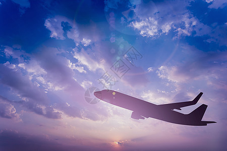 空中飞机的休丽叶 用多彩的戏剧性天空智慧起飞太阳空气天堂旅行阳光红色运输日落日出喷射图片