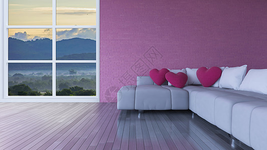 沙发上的粉色心形枕头放在木地板上 在混凝土和皮革墙上有相框图片