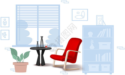 房间里真实椅子和桌子的模拟插图艺术身份框架窗户房子装饰长椅卡通片工作室植物图片