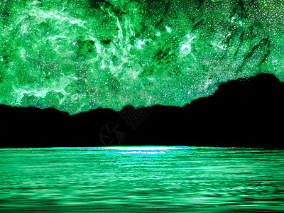 夜晚天空背景中的绿色星系亮光图片