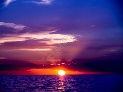 深蓝色大海和灰蓝色天空上的最后一抹夕阳图片
