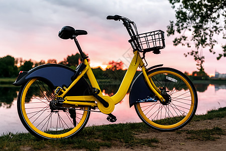湖边的黄色自行车 日落反射公园冒险景观农村生态运河闲暇太阳运动图片