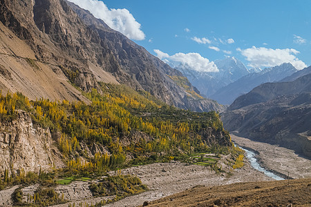 秋天山和洪扎河的风景图片