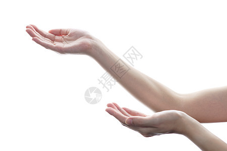 女人手恳求或在白色 isola 上张开手掌棕榈女孩双手怜悯女性拇指身体女士拉伸手指图片