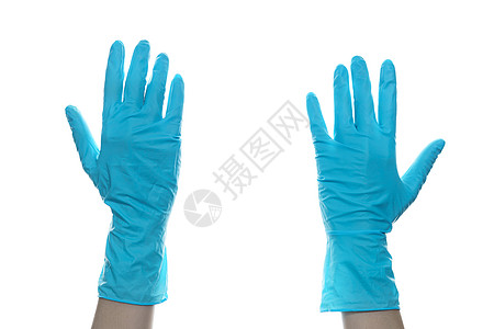 在白色隔离物上戴蓝色橡皮医疗手套的妇女手推杆护士女士消毒剂外科医生预防医院安全实验室图片