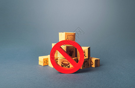 盒子和红色禁止标志 NO 货源紧缺 交期稳定 产品交货短缺 制裁和禁运 消费市场趋势变化 停业了 零售图片