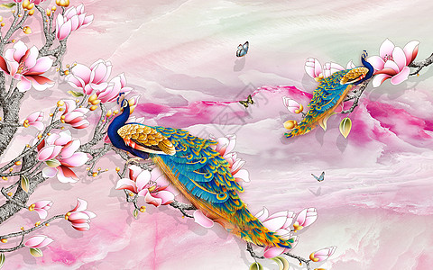 3D花孔雀圆形背景墙纸花园樱花花束热带天堂艺术动物树叶孔雀插图图片