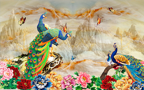 3D花孔雀圆形背景墙纸叶子婚礼玫瑰动物樱花树叶天堂插图孔雀花束图片