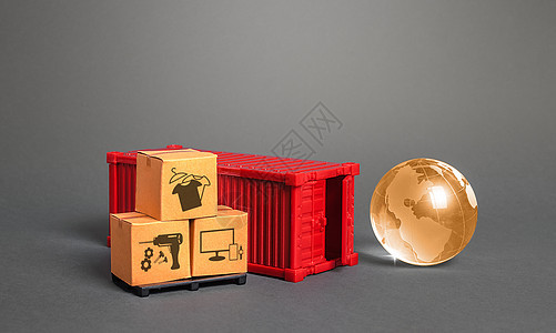 橙色地球 纸板箱和红色货船容器 国际世界贸易 送货 送货 导入导出流量 在封闭边界 检疫限制下交付货物图片