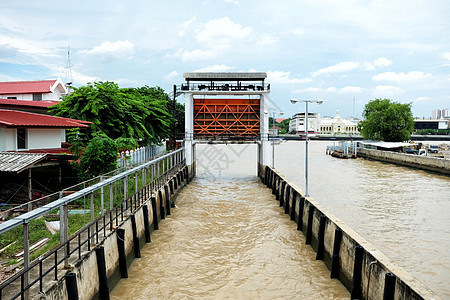 Chao Phraya河的洪水开口工程建筑金属运河水库力量环境热带运输城市图片