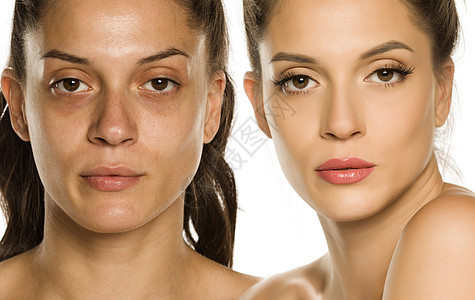 化妆前后年轻妇女的比较肖像图百分比阴影女士女孩老化治疗护理皮肤女性图片