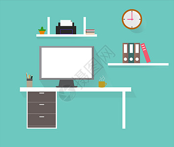 计算机桌面工作场所 平面样式 办公桌标志杯子商业界面职场房间桌子白色电脑设计师插图图片