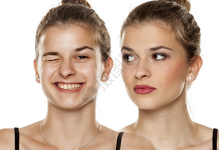 化妆前后年轻女性的比较肖像图百分比美容护理女孩眼睛女士老化编辑治疗阴影白色图片