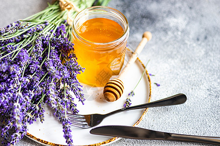 夏季露棚蜂蜜氛围勺子紫色植物玻璃甜点框架香味烹饪薰衣草图片