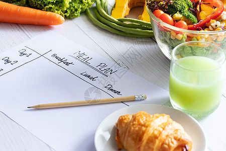 卡路里控制 膳食计划 饮食和减肥概念 纸上膳食计划表的顶部视图 包括沙拉 果汁 面包和蔬菜损失重量日程卫生桌子食物厨房营养动机水图片