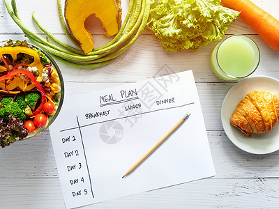 卡路里控制 膳食计划 饮食和减肥概念 纸上膳食计划表的顶部视图 包括沙拉 果汁 面包和蔬菜保健控制桌子规划师卫生营养厨房日记重量图片