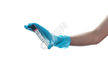 戴蓝色橡皮医疗手套并持有COVID1的妇女手生物安全卫生感染实验室医生护士手指诊所女士图片