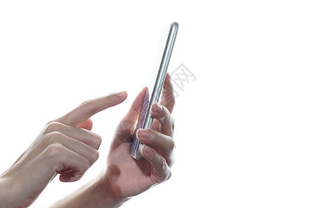 女性手握和触摸智能手机的侧视角触摸屏技术冲浪工具手指上网电话女士屏幕手势图片