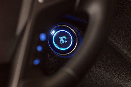 汽车引擎启动和停止按钮蓝色技术起动机力量车辆活力运输金属圆形奢华图片